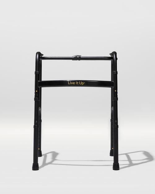 Black metal stand with 'Live It Up' branding on a white background
