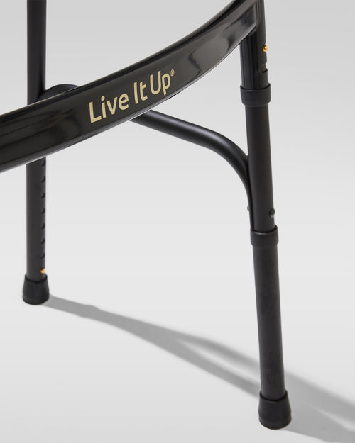 Black metal frame with 'Live It Up' branding on a white background