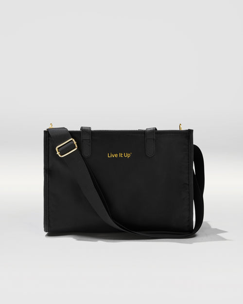 Black bag with 'Live It Up' text on a white background