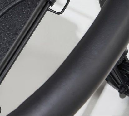 Close-up of a black bicycle frame with a white background