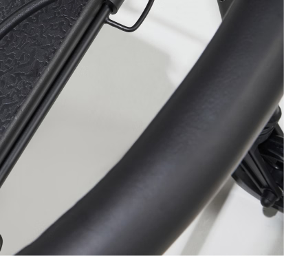 Close-up of a black bicycle frame with a white background